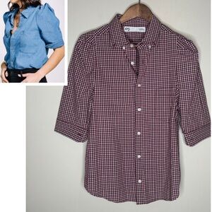 KMJ James Gingham Print Puff Sleeve Button Down Blouse